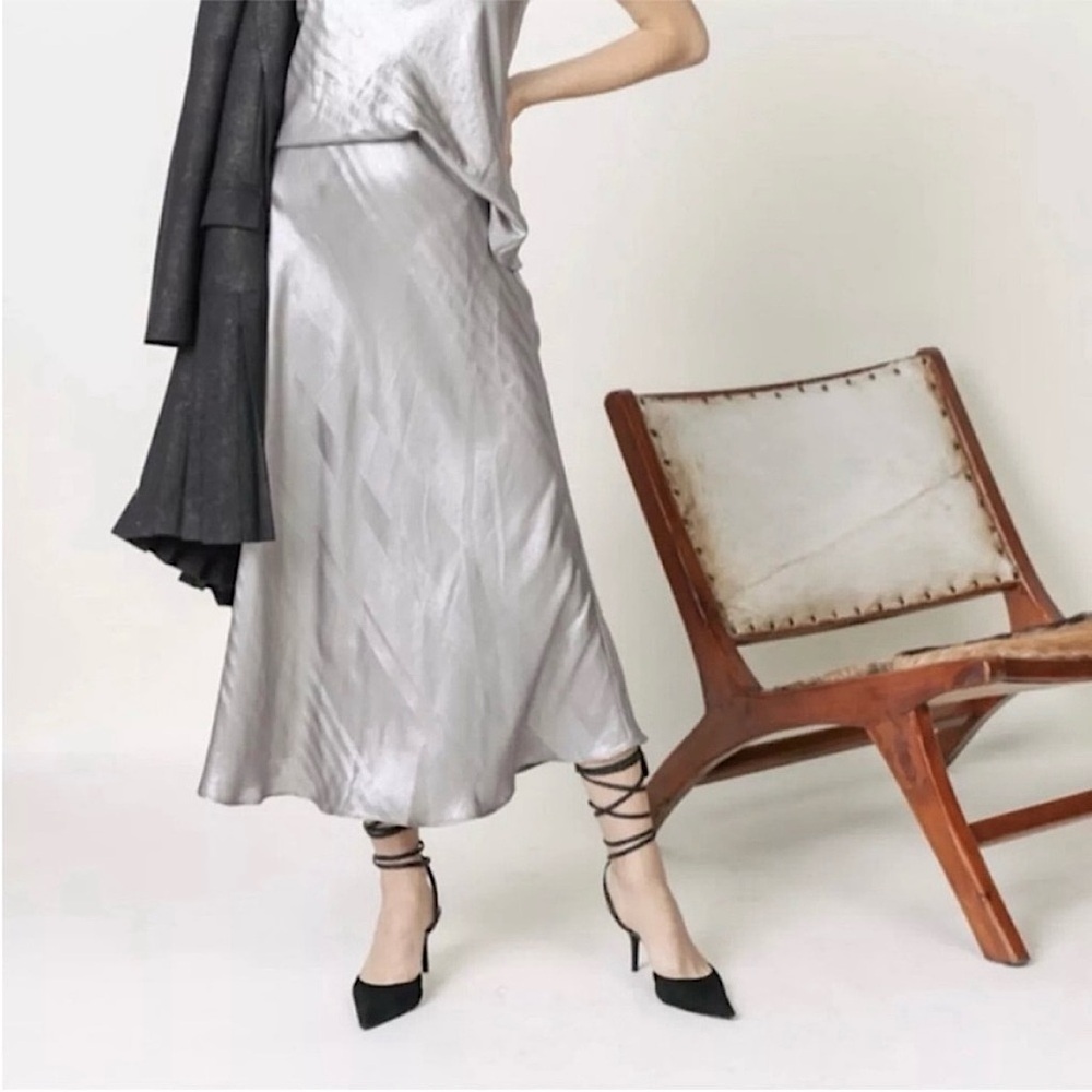 NWT Anthropologie Current Air Eve Metallic Stripe Bias Cut Midi Skirt In Silver